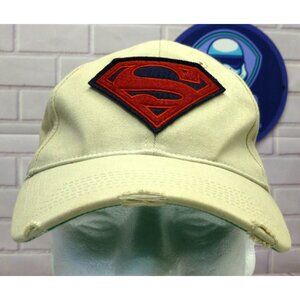 Superman Logo Beige Baseball Cap With Distressed Brim Adjustable Strap Cotton Ca